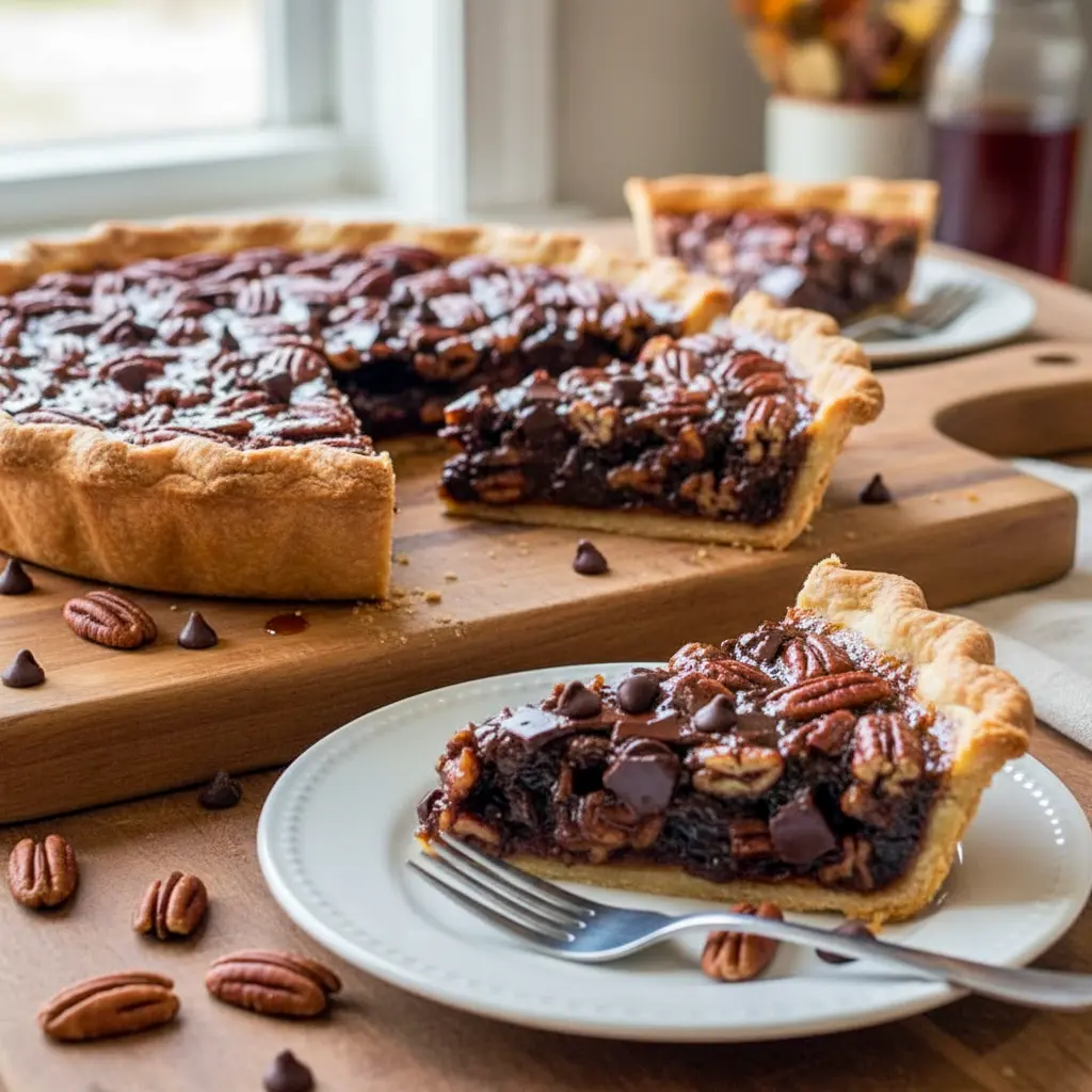Thanksgiving Chocolate Dessert Ideas — glossy slice of Bourbon Chocolate Pecan Pie with toasted pecans, a nod to Dessert Recipes With Bourbon and Black Bottom Bourbon Pecan Pie, cozy enough for Country Style Desserts, perfect as a Chocolate Thanksgiving Pie or Chocolate Christmas Pie, the top pick for Thanksgiving Dessert Ideas Chocolate, a decadent Bourbon Pie and ideal Chocolate Dessert For Thanksgiving.