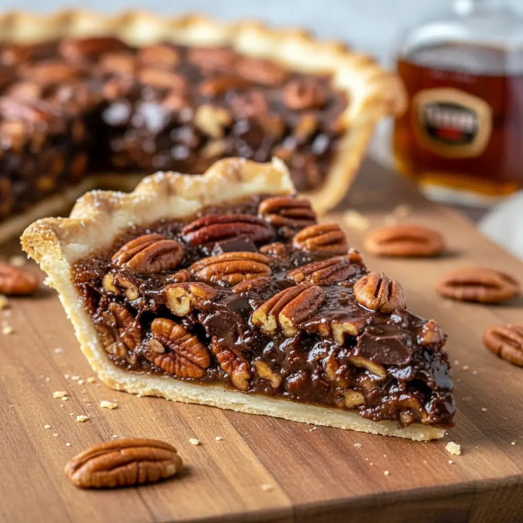 Thanksgiving Chocolate Dessert Ideas — glossy slice of Bourbon Chocolate Pecan Pie with toasted pecans, a nod to Dessert Recipes With Bourbon and Black Bottom Bourbon Pecan Pie, cozy enough for Country Style Desserts, perfect as a Chocolate Thanksgiving Pie or Chocolate Christmas Pie, the top pick for Thanksgiving Dessert Ideas Chocolate, a decadent Bourbon Pie and ideal Chocolate Dessert For Thanksgiving.