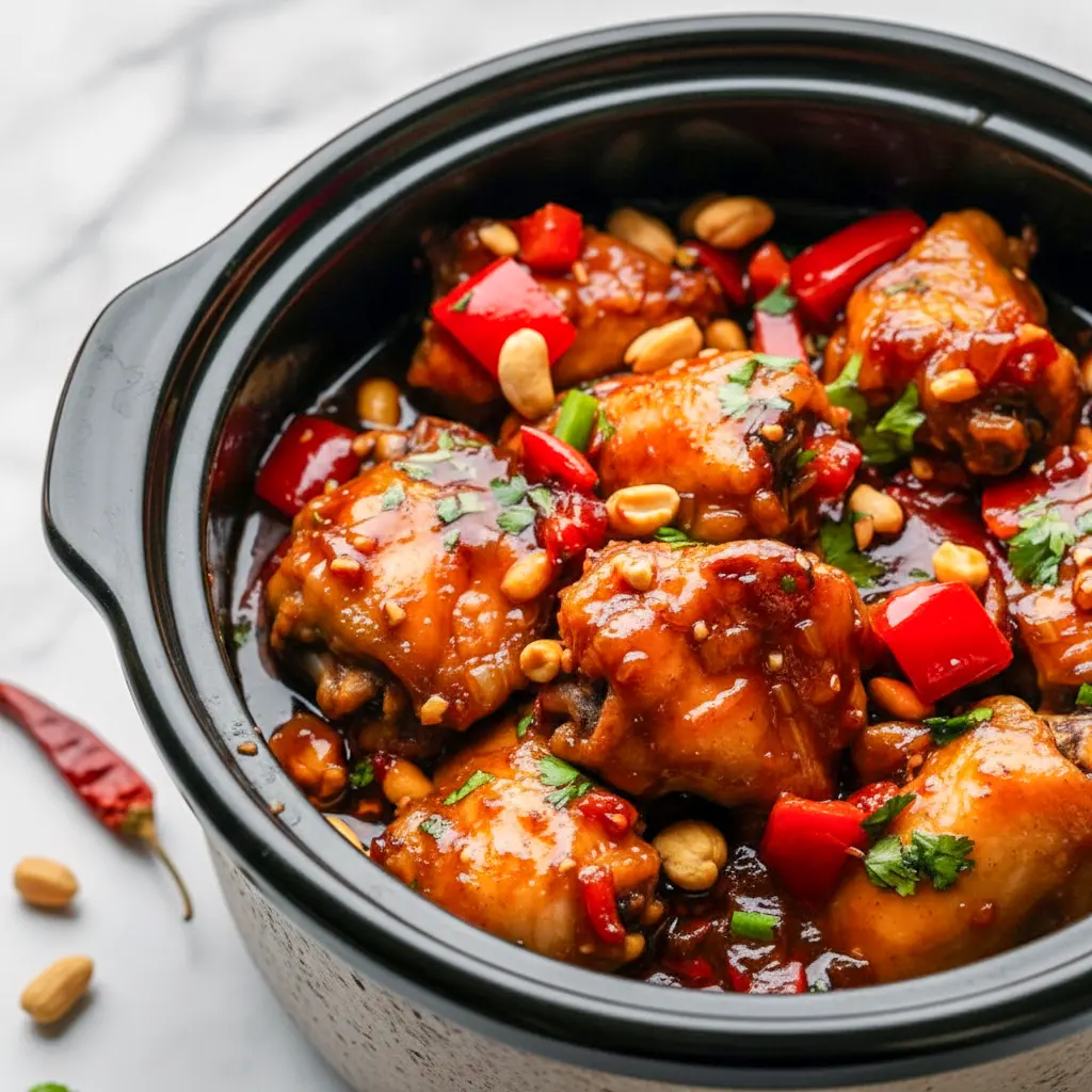 Best Recipes Crockpot — slow-cooker Kung Pao chicken glazed in sticky sauce with peanuts and red peppers, shown in a ceramic crock; a vivid Crock Pot Dish photo that represents tasty Good Crockpot Chicken Recipes, chunky Crockpot Chicken Chunks and spicy Hot Pot Chicken Recipes, a cozy Pots Recipes shot that doubles as an Elevated Crockpot Meals idea and practical Dinner Ideas In Crockpot.