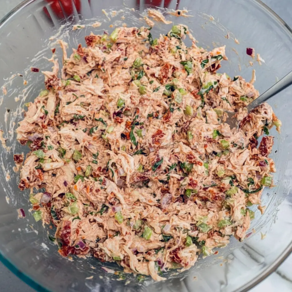 Close-up of a sun-dried tomato chicken salad on toasted sourdough with basil — a grab-and-go Fun Chicken Salad Recipes idea perfect for Pre Made Lunches, simple Lunch Chicken Meal Prep, loaded with Meals With Sundried Tomatoes, styled like a Gourmet Chicken Salad, great as Sides For Chicken Salad Sandwiches, turnable into a Loaded Chicken Salad, ideal for Sandwich Salad Recipes, and ultimately a classic Chicken Salad With Sundried Tomatoes.