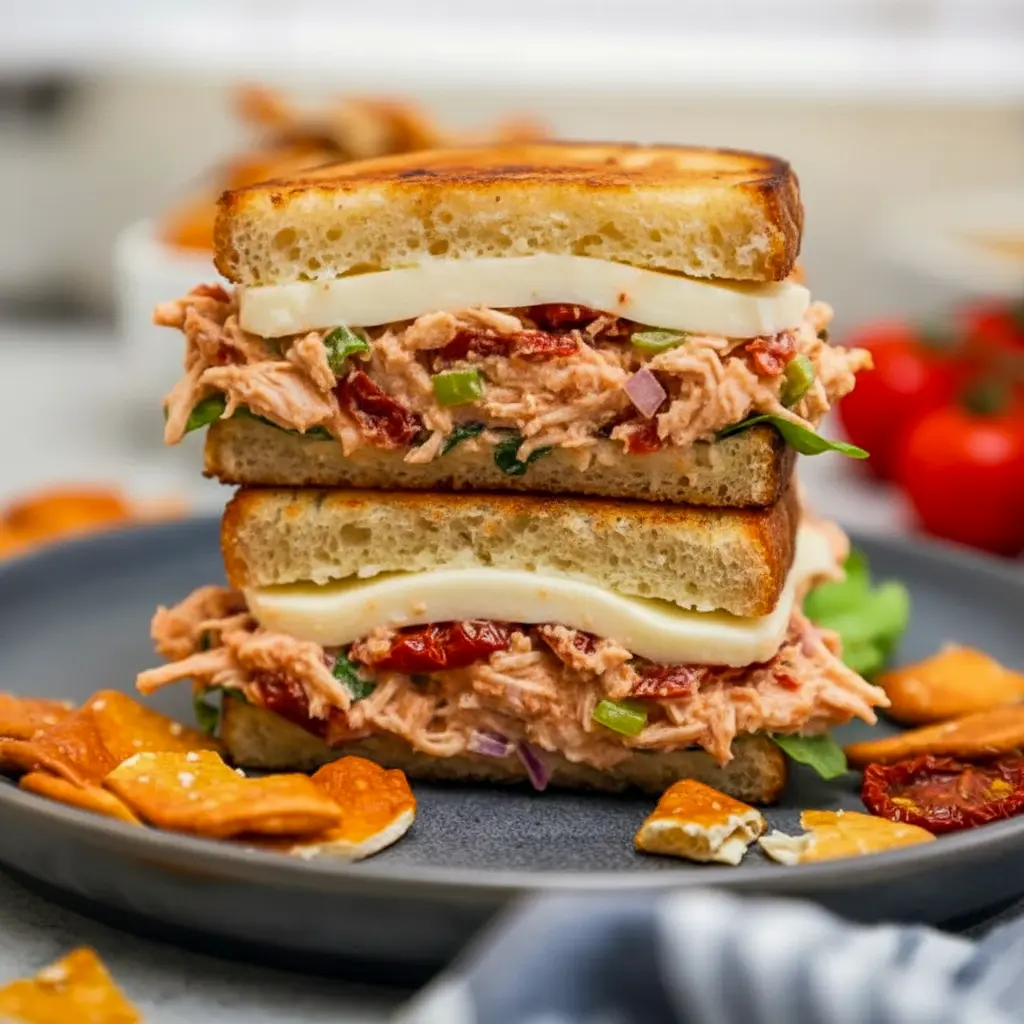 Close-up of a sun-dried tomato chicken salad on toasted sourdough with basil — a grab-and-go Fun Chicken Salad Recipes idea perfect for Pre Made Lunches, simple Lunch Chicken Meal Prep, loaded with Meals With Sundried Tomatoes, styled like a Gourmet Chicken Salad, great as Sides For Chicken Salad Sandwiches, turnable into a Loaded Chicken Salad, ideal for Sandwich Salad Recipes, and ultimately a classic Chicken Salad With Sundried Tomatoes.