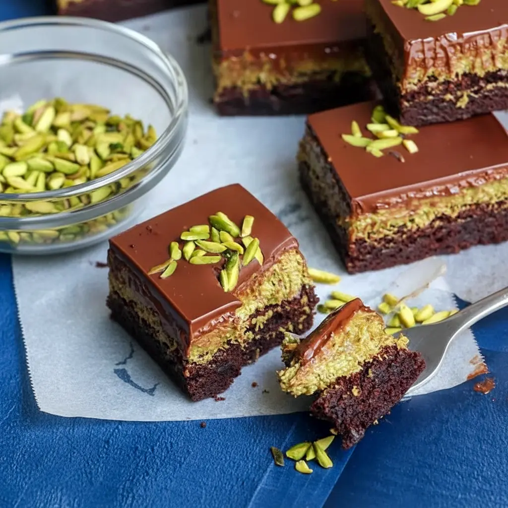 Close-up of a square pistachio kunafa brownie showing a fudgy chocolate base, crunchy golden kunafa-pistachio layer, and shiny chocolate top sprinkled with pistachio — a stunning Chocolate Pistachio Dessert worthy of Best Bakery Desserts, looking like a viral Pistachio Bar or copycat Dubai Brownies Recipe, and also reads as a luxe Chocolate Pistachio Bar, Kunafa Recipe Chocolate, Cool Desserts Recipes, Kunafa Brownie Recipe, and bite-sized Chocolate Dubai Cake.