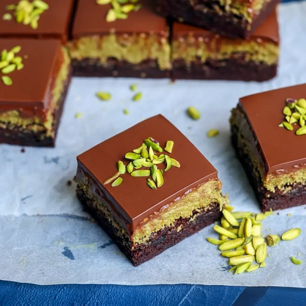 Close-up of a square pistachio kunafa brownie showing a fudgy chocolate base, crunchy golden kunafa-pistachio layer, and shiny chocolate top sprinkled with pistachio — a stunning Chocolate Pistachio Dessert worthy of Best Bakery Desserts, looking like a viral Pistachio Bar or copycat Dubai Brownies Recipe, and also reads as a luxe Chocolate Pistachio Bar, Kunafa Recipe Chocolate, Cool Desserts Recipes, Kunafa Brownie Recipe, and bite-sized Chocolate Dubai Cake.