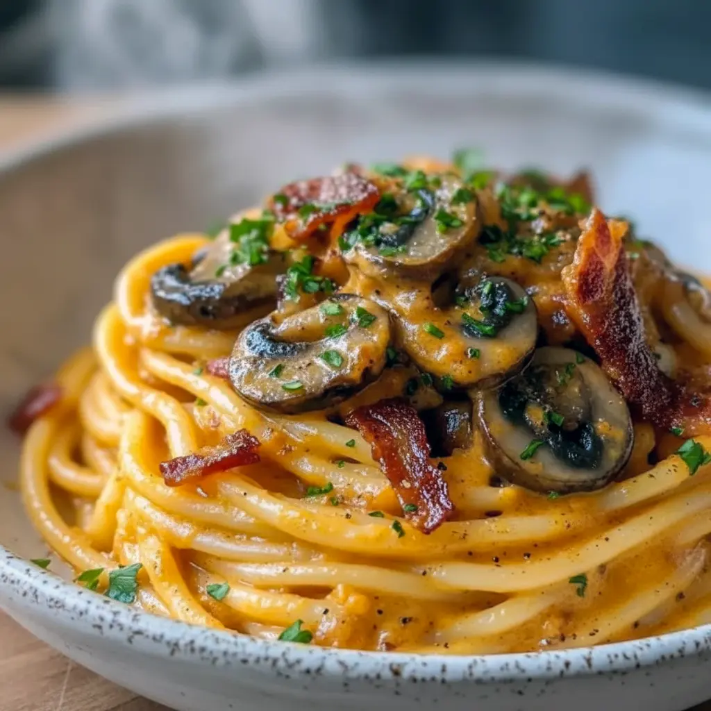 Fall Spaghetti Recipes — creamy pumpkin pasta with sautéed mushrooms and crispy bacon on a white plate, garnished with parsley and grated Parmesan.