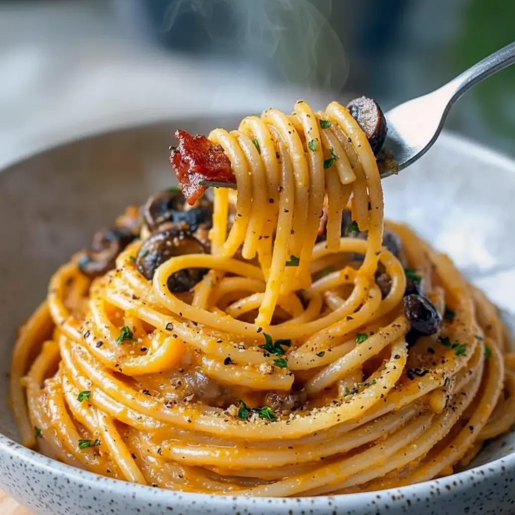 Fall Spaghetti Recipes — creamy pumpkin pasta with sautéed mushrooms and crispy bacon on a white plate, garnished with parsley and grated Parmesan.