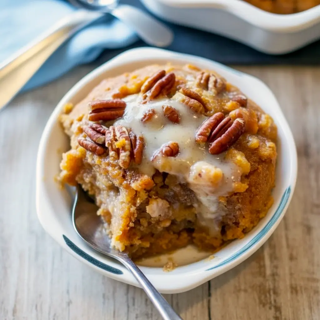 Pumpkin Pecan Cobbler Laurens Latest — close-up of a bubbling slice of Pecan Cobbler with melting ice cream, perfect for Cobbler Recipes.