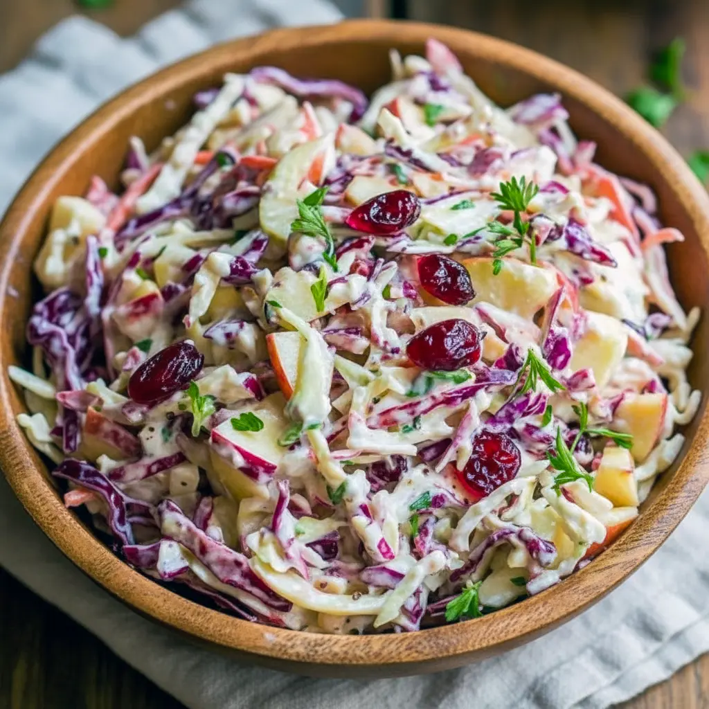 Close-up of a vibrant bowl of slaw with shredded cabbage, apple matchsticks, dried cranberries, shredded carrot, and toasted nuts, lightly coated in a creamy vinaigrette, Cranberry Apple Coleslaw Salad.