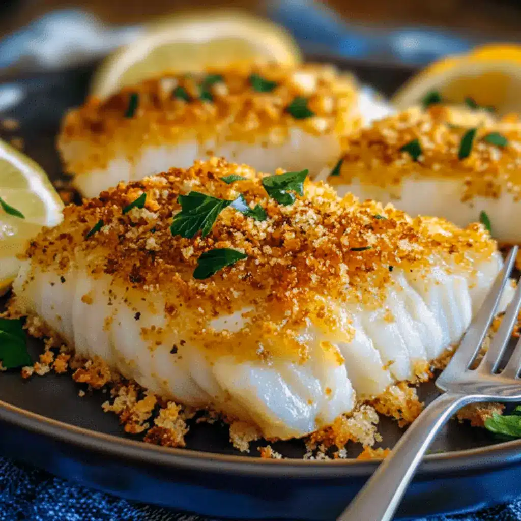 Close-up of a golden panko-crusted fish fillet on a plate with lemon wedges and a side salad.