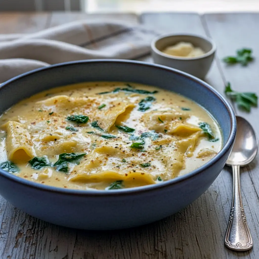 Steaming bowl of creamy Alfredo lasagna soup topped with a dollop of ricotta and chopped parsley, served with crusty garlic bread, Homemade Soup Recipe.