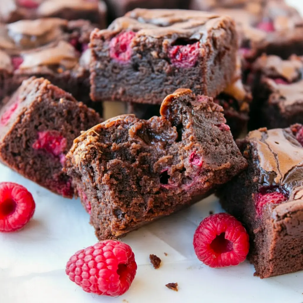 Close-up of gooey brownies with raspberries and swirled jam, inspired by a Raspberry Brownies Recipe, creating a rich chocolate treat with fruity bursts; perfect for fans of Best Baked Goods Recipes, simple Raspberry Brownies Easy ideas, and vibrant Raspberry Brownie Recipes featuring Brownies Topped With Raspberries, jam-filled texture like Raspberry Jam Desserts, soft Homemade Raspberry Brownies, a decadent Chocolate Brownie Dessert With Raspberry, and easy Brownie Recipes With Raspberry Jam.