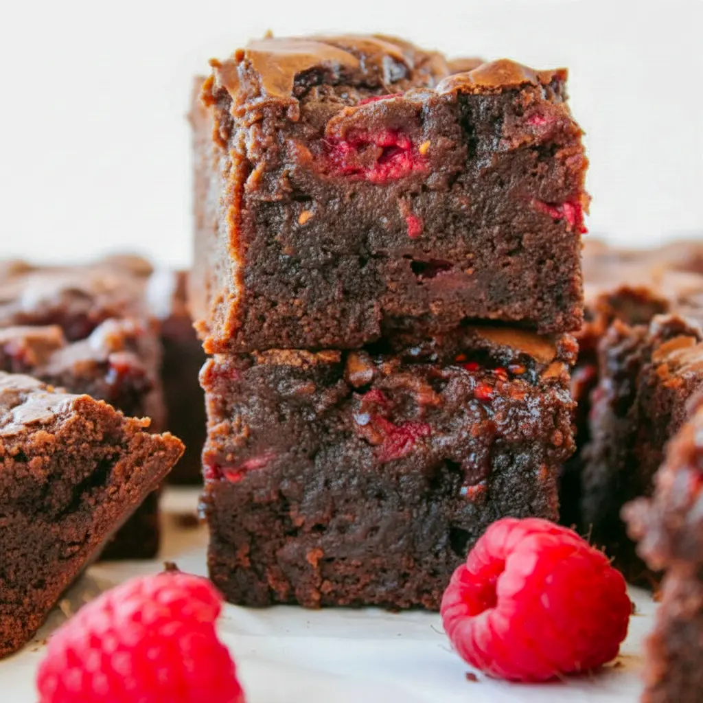 Close-up of gooey brownies with raspberries and swirled jam, inspired by a Raspberry Brownies Recipe, creating a rich chocolate treat with fruity bursts; perfect for fans of Best Baked Goods Recipes, simple Raspberry Brownies Easy ideas, and vibrant Raspberry Brownie Recipes featuring Brownies Topped With Raspberries, jam-filled texture like Raspberry Jam Desserts, soft Homemade Raspberry Brownies, a decadent Chocolate Brownie Dessert With Raspberry, and easy Brownie Recipes With Raspberry Jam.