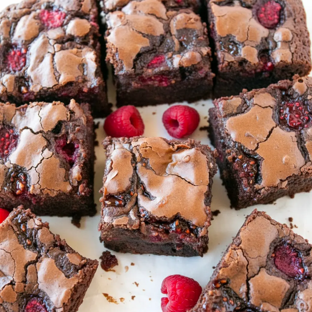 Close-up of gooey brownies with raspberries and swirled jam, inspired by a Raspberry Brownies Recipe, creating a rich chocolate treat with fruity bursts; perfect for fans of Best Baked Goods Recipes, simple Raspberry Brownies Easy ideas, and vibrant Raspberry Brownie Recipes featuring Brownies Topped With Raspberries, jam-filled texture like Raspberry Jam Desserts, soft Homemade Raspberry Brownies, a decadent Chocolate Brownie Dessert With Raspberry, and easy Brownie Recipes With Raspberry Jam.