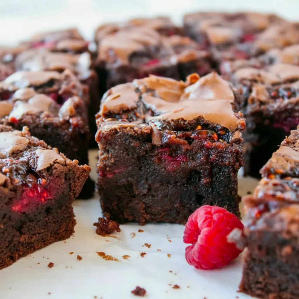 Close-up of gooey brownies with raspberries and swirled jam, inspired by a Raspberry Brownies Recipe, creating a rich chocolate treat with fruity bursts; perfect for fans of Best Baked Goods Recipes, simple Raspberry Brownies Easy ideas, and vibrant Raspberry Brownie Recipes featuring Brownies Topped With Raspberries, jam-filled texture like Raspberry Jam Desserts, soft Homemade Raspberry Brownies, a decadent Chocolate Brownie Dessert With Raspberry, and easy Brownie Recipes With Raspberry Jam.