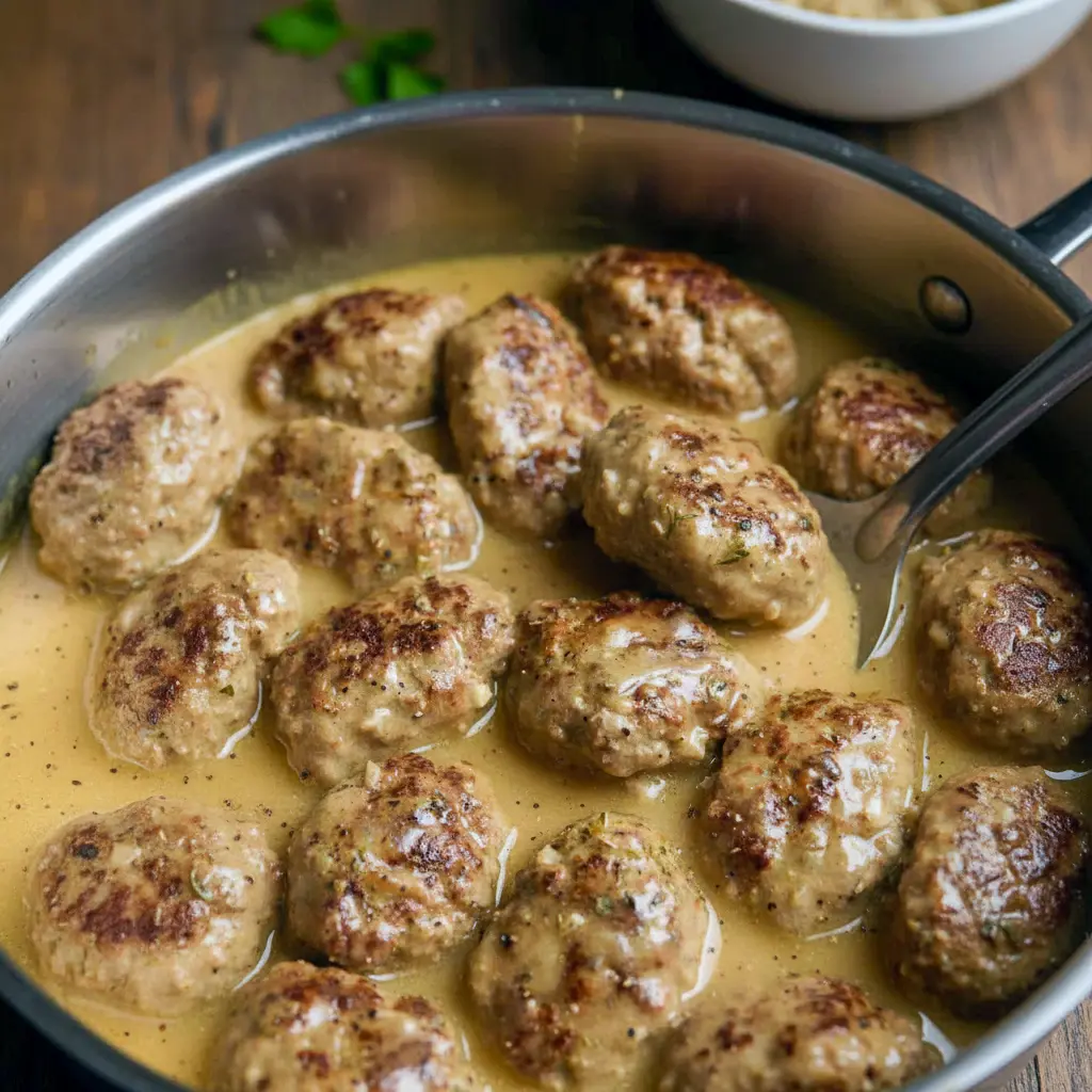Close-up of golden, lemon-glazed keftedes on a platter with lemon wedges and herbs — Tasty Meatballs Recipe.