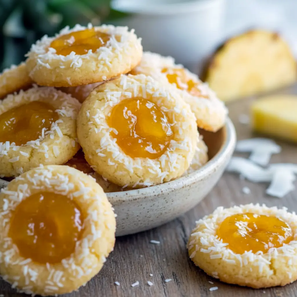 Close-up of a tropical thumbprint cookie with pineapple jam and toasted coconut, a tasty and Pineapple Dessert Easy treat that pairs surprisingly well with a playful Butterbeer Recipe on a themed dessert table, Hawaiian Dessert Recipes.