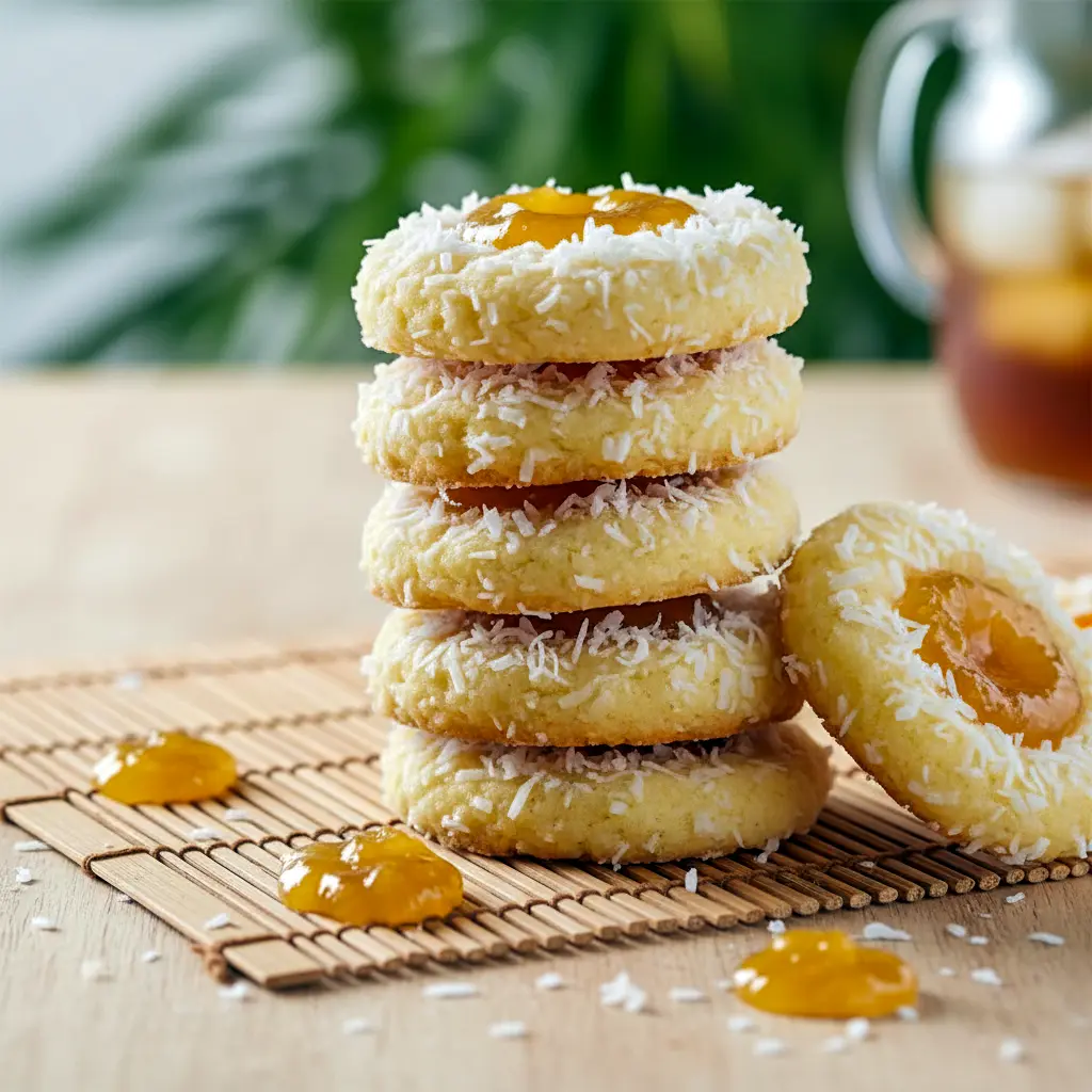 Close-up of a tropical thumbprint cookie with pineapple jam and toasted coconut, a tasty and Pineapple Dessert Easy treat that pairs surprisingly well with a playful Butterbeer Recipe on a themed dessert table.