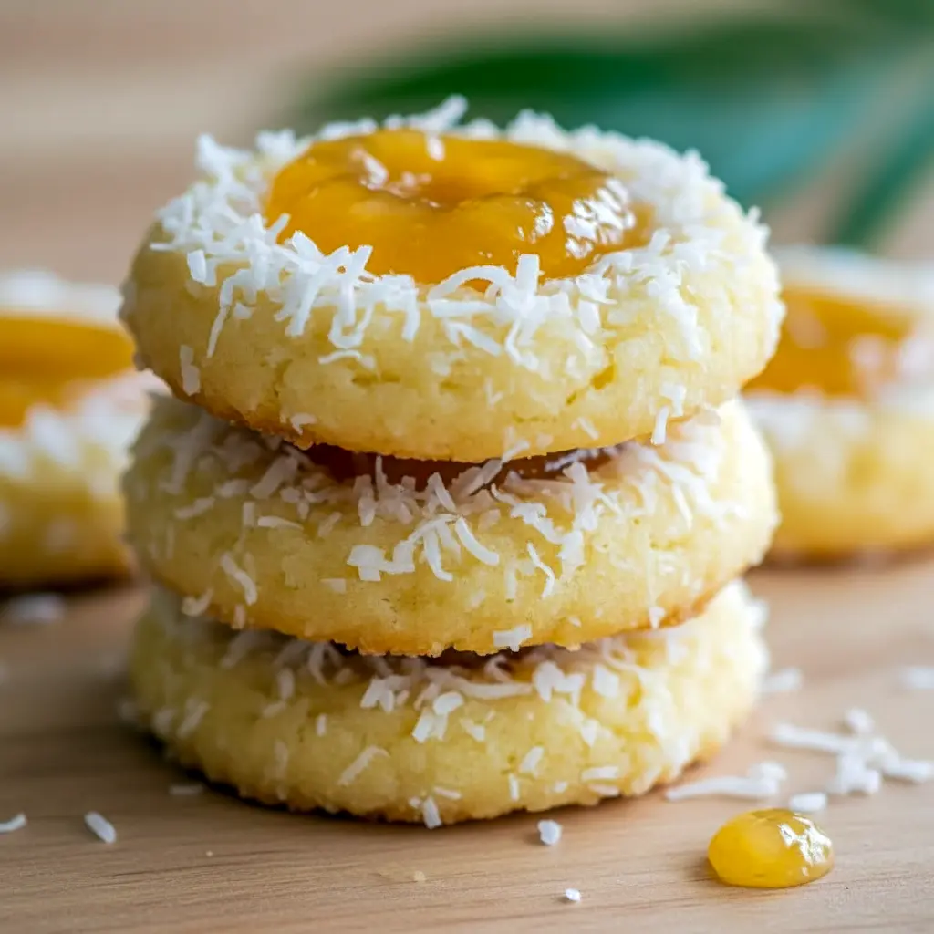 Close-up of a tropical thumbprint cookie with pineapple jam and toasted coconut, a tasty and Pineapple Dessert Easy treat that pairs surprisingly well with a playful Butterbeer Recipe on a themed dessert table.