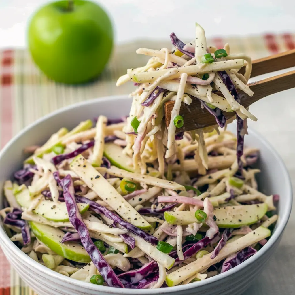 A vibrant bowl of crunchy fall slaw made from cabbage and apples, featuring a creamy tangy dressing for an Apple Coleslaw Recipe, styled to highlight the fresh texture of the Apple Coleslaw Dressing, ideal for an Apple Coleslaw Recipe Easy meal, showcasing the richness of an Apple Coleslaw Recipe With Mayo, perfect as a colorful Fall Apple Coleslaw or crowd-pleasing Potluck Coleslaw, photographed with the same brightness you’d expect from a Cherry Coleslaw Recipe, with crisp slices reminiscent of a Sliced Apple Salad, all tied together with the zing of an Apple Slaw Recipe Cider Vinegar finish.