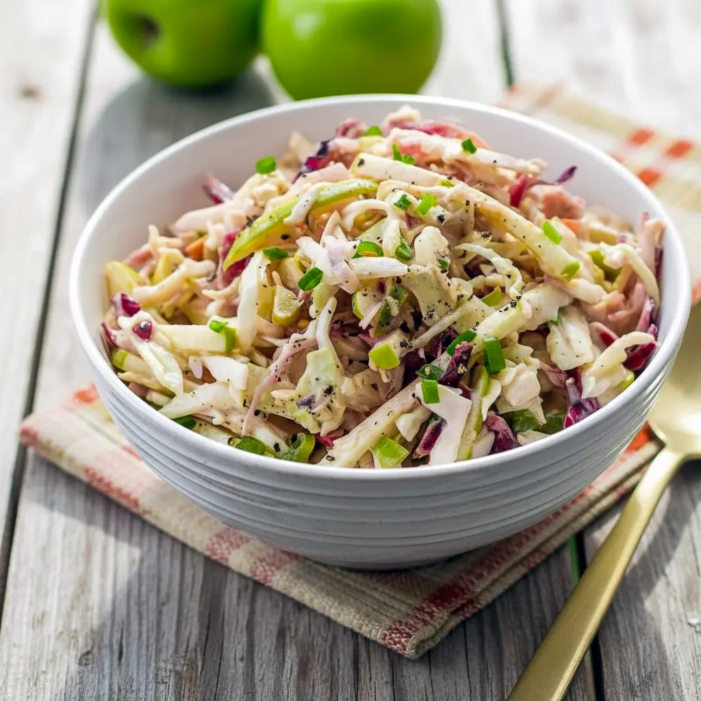 A vibrant bowl of crunchy fall slaw made from cabbage and apples, featuring a creamy tangy dressing for an Apple Coleslaw Recipe, styled to highlight the fresh texture of the Apple Coleslaw Dressing, ideal for an Apple Coleslaw Recipe Easy meal, showcasing the richness of an Apple Coleslaw Recipe With Mayo, perfect as a colorful Fall Apple Coleslaw or crowd-pleasing Potluck Coleslaw, photographed with the same brightness you’d expect from a Cherry Coleslaw Recipe, with crisp slices reminiscent of a Sliced Apple Salad, all tied together with the zing of an Apple Slaw Recipe Cider Vinegar finish.