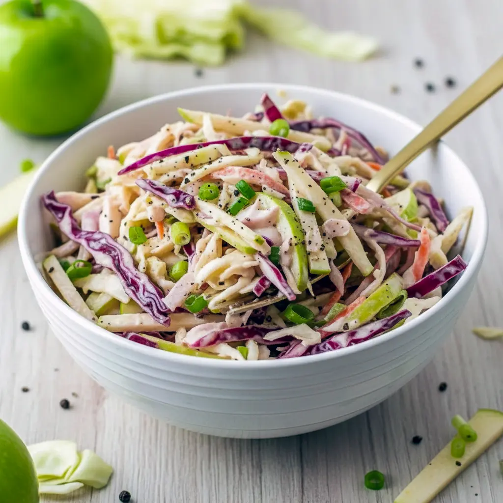 A vibrant bowl of crunchy fall slaw made from cabbage and apples, featuring a creamy tangy dressing for an Apple Coleslaw Recipe, styled to highlight the fresh texture of the Apple Coleslaw Dressing, ideal for an Apple Coleslaw Recipe Easy meal, showcasing the richness of an Apple Coleslaw Recipe With Mayo, perfect as a colorful Fall Apple Coleslaw or crowd-pleasing Potluck Coleslaw, photographed with the same brightness you’d expect from a Cherry Coleslaw Recipe, with crisp slices reminiscent of a Sliced Apple Salad, all tied together with the zing of an Apple Slaw Recipe Cider Vinegar finish.