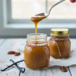 Close-up of a small glass jar of warm bourbon caramel sauce, spoon dripping amber sauce, tied with twine and a kraft gift tag, Recipes For Gifts.