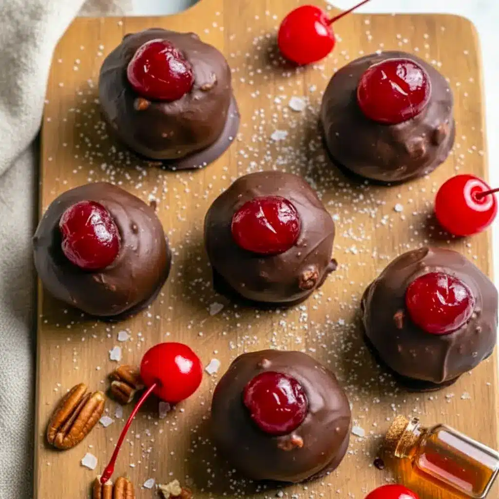 Close-up of glossy Chocolate Cherry Bourbon Balls topped with candied cherries — the perfect Cherry Balls Christmas treat for festive dessert tables and Holiday Snack Gifts.