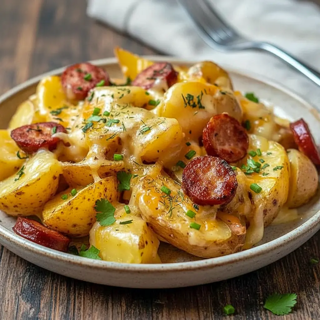 Sheet-pan of golden, cheesy potatoes studded with browned smoked sausage, melted cheddar, and fresh parsley — an easy, hearty weeknight meal.