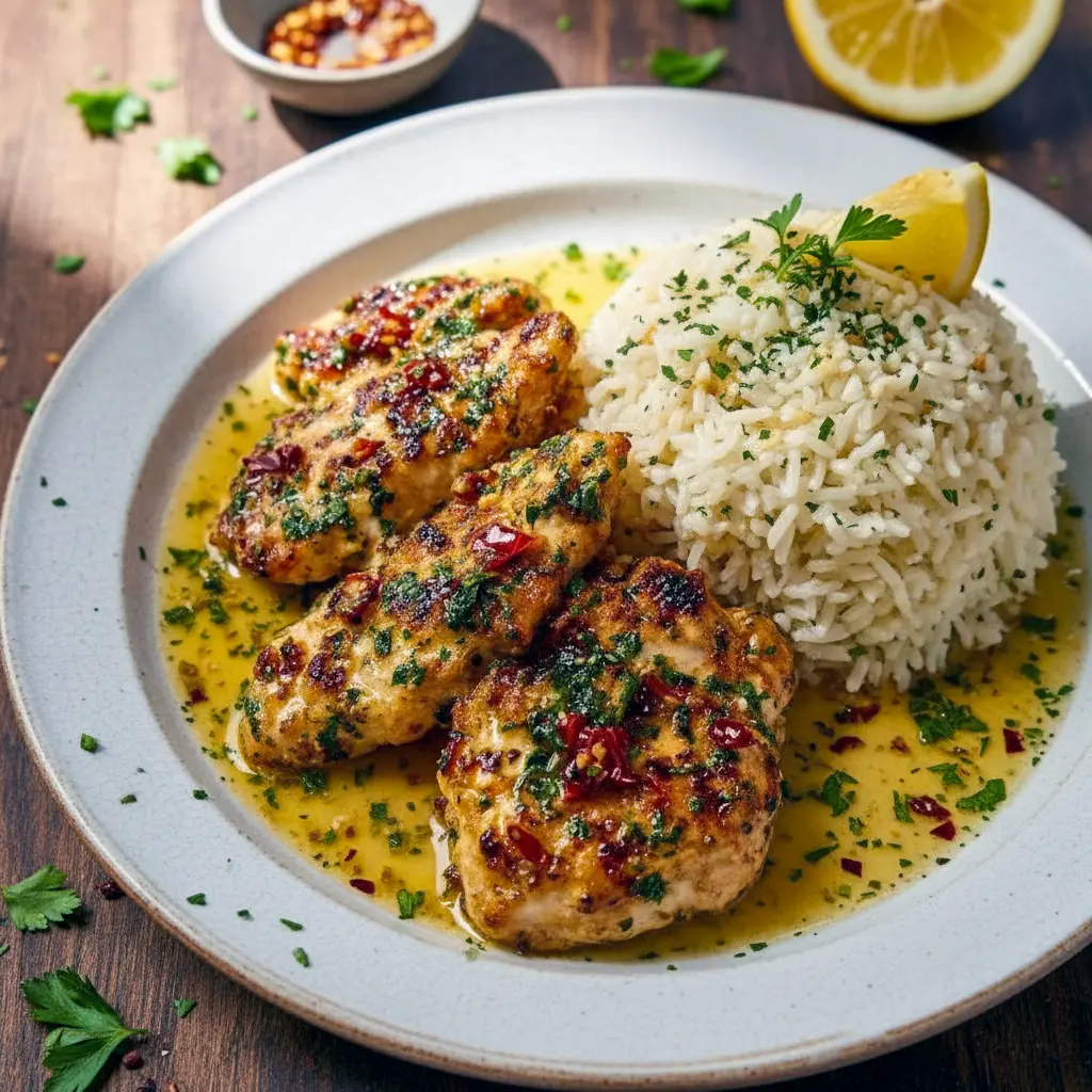 Plate of golden seared chicken scampi served over creamy garlic Parmesan rice, styled for Best Quick Dinner Recipes, capturing a cozy yet elevated meal ideal for Dinner Recipes Romantic, Fast And Easy Chicken Dinner Recipes, hearty Dinner Ideas For Men, flavorful Chicken Breast Recipes Rice, weeknight-friendly Supper Ideas Chicken, elegant Special Dinner Recipes, simple Lite Dinner Ideas, and comforting Dinner With Chicken.