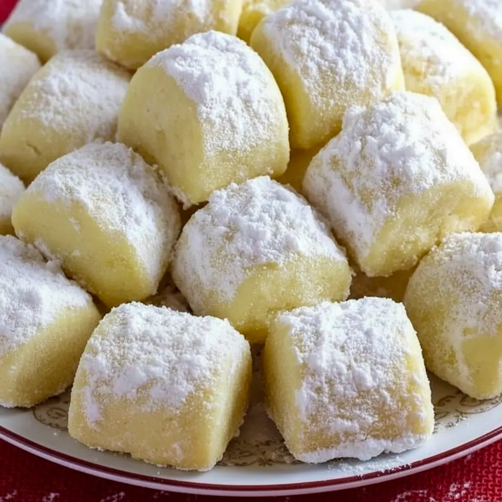Powdered sugar–dusted butter cookies on a festive plate, showing the tender, crumbly texture and golden edges — perfect holiday melt-in-your-mouth treats, Melt In Your Mouth Cookies.