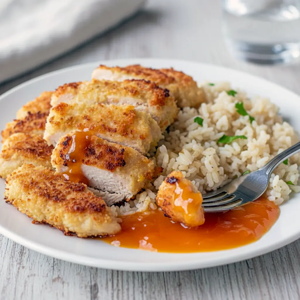 Golden crispy Coconut Chicken served with a glossy apricot mustard dipping sauce on a plate with rice, a delicious twist on Chicken Dinner Recipes, inspired by tropical Apricot Recipes and restaurant-style Chicken Main Dishes, perfect for Poultry Recipes lovers looking for simple Chicken Dishes Recipes, easy Main Meals, and fun alternatives to Turkey Recipes, similar to a homemade Pollo Loco meal.