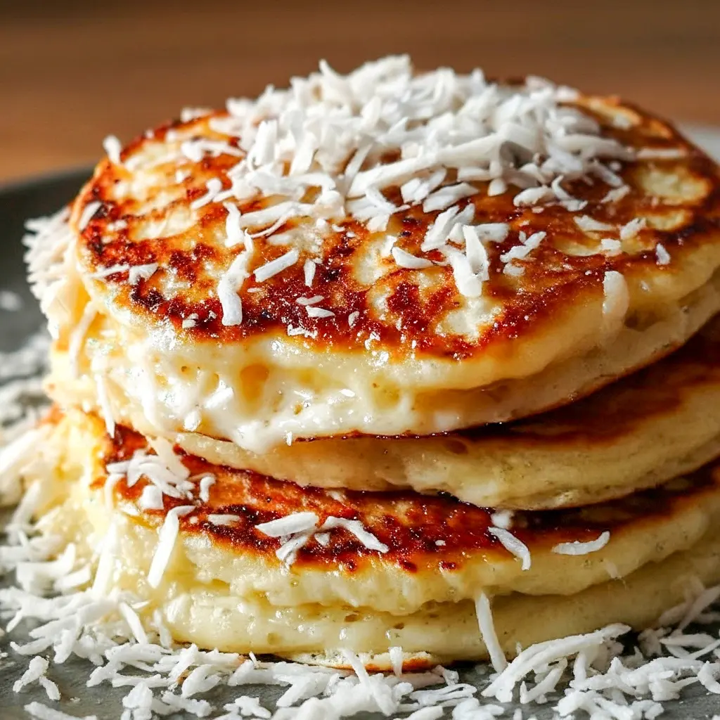 Stack of golden coconut pancakes with toasted flakes and syrup — a quick Breakfast Treats idea, adaptable as Vegane Rezepte, and ideal for your Brunch Recipes board, Breakfast Pancakes.