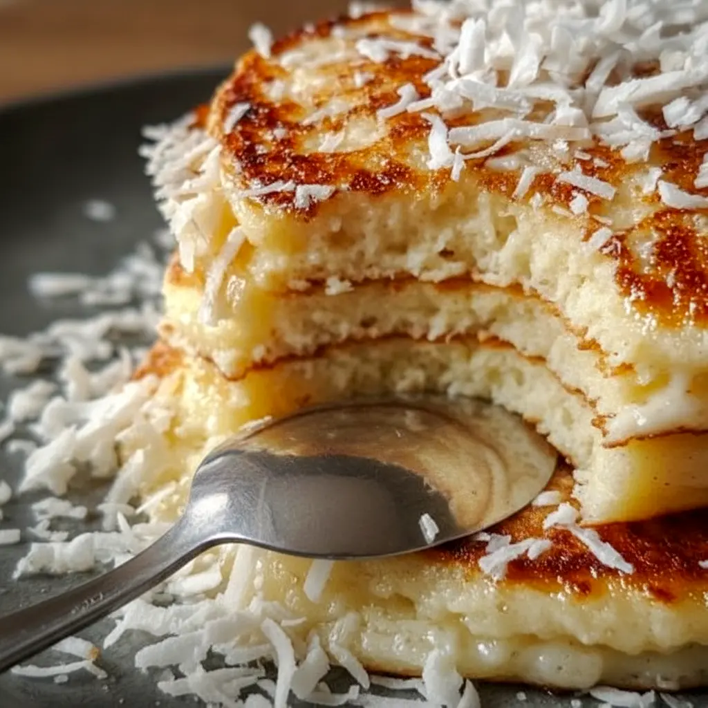 Stack of golden coconut pancakes with toasted flakes and syrup — a quick Breakfast Treats idea, adaptable as Vegane Rezepte, and ideal for your Brunch Recipes board.
