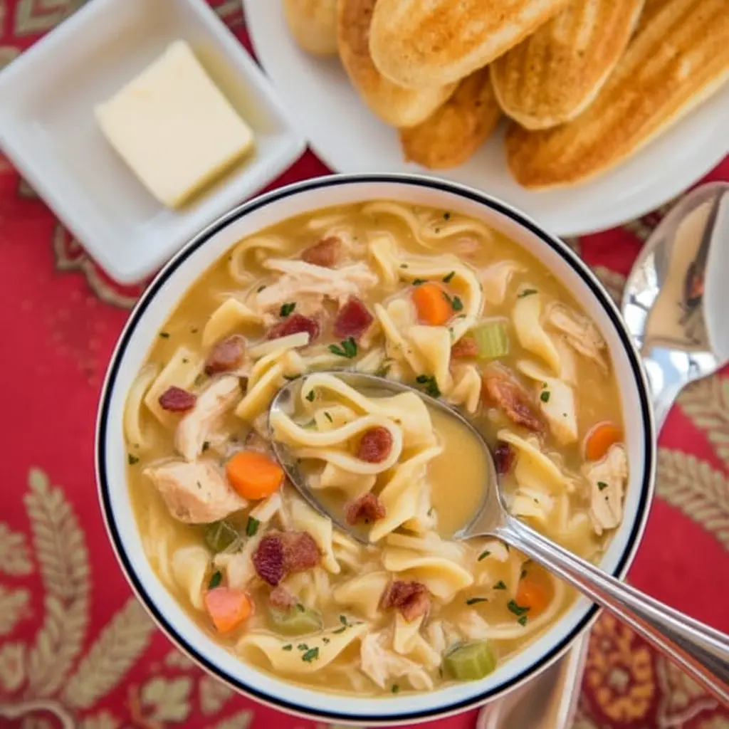 Bowl of creamy crack chicken noodle soup topped with crispy bacon, melted cheddar, and chopped parsley, ready to spoon, Dinner Ideas For A Cold Night.