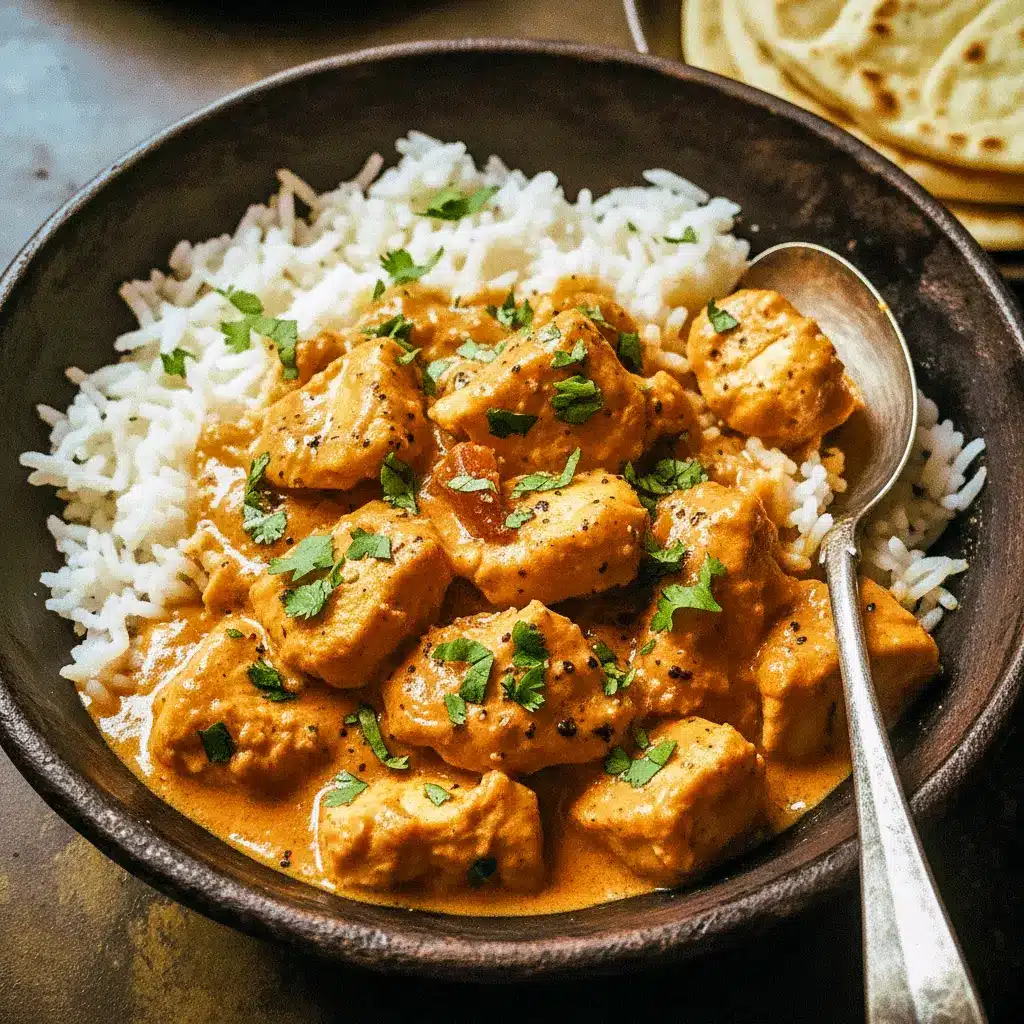 A bowl of creamy Tikka Marsala Chicken simmered in coconut sauce, topped with fresh cilantro and served over rice — the perfect comfort meal from the Tikka Masala Recipe Authentic collection.