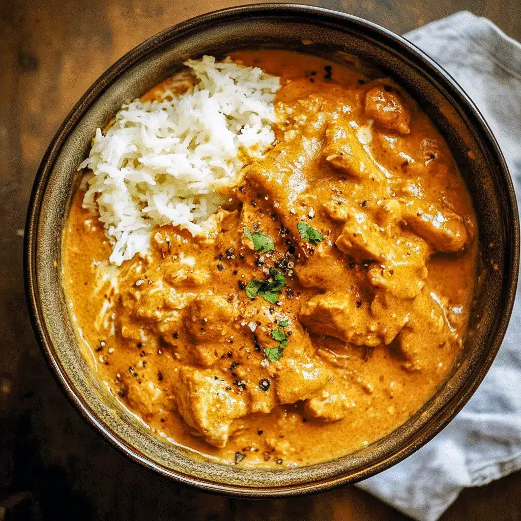 A bowl of creamy Tikka Marsala Chicken simmered in coconut sauce, topped with fresh cilantro and served over rice — the perfect comfort meal from the Tikka Masala Recipe Authentic collection.