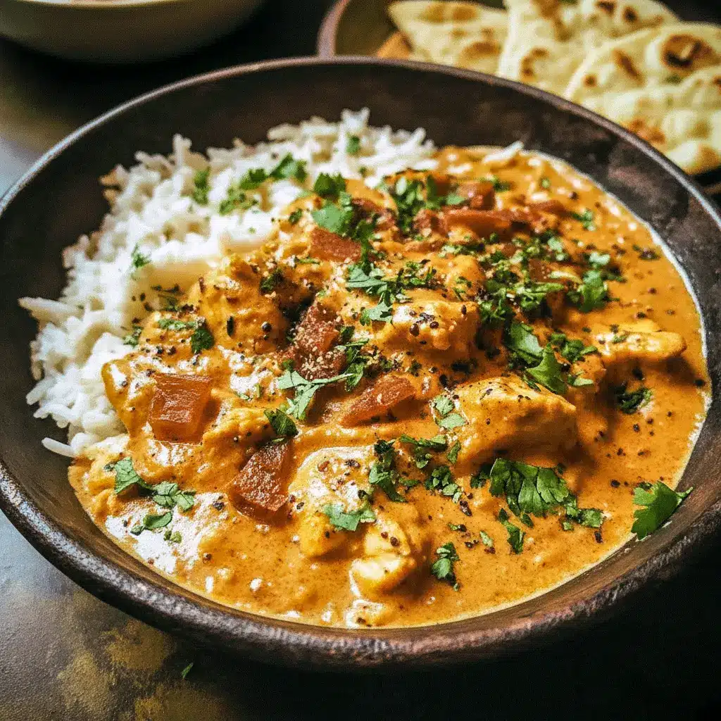 A bowl of creamy Tikka Marsala Chicken simmered in coconut sauce, topped with fresh cilantro and served over rice — the perfect comfort meal from the Tikka Masala Recipe Authentic collection.