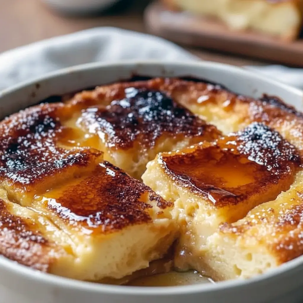 Caramel-topped Creme Brulee French Toast Casserole slice (close-up) of Creme Brulee French Toast for a cozy French Toast Breakfast — a sticky French Toast Bake and dreamy Breakfast Sweets French Toast Casserole inspired by Crème Brûlée, great for Breakfast Recipes Casserole or Abendessen Rezepte.