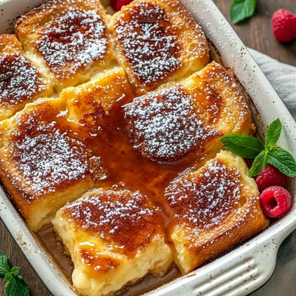 Caramel-topped Creme Brulee French Toast Casserole slice (close-up) of Creme Brulee French Toast for a cozy French Toast Breakfast — a sticky French Toast Bake and dreamy Breakfast Sweets French Toast Casserole inspired by Crème Brûlée, great for Breakfast Recipes Casserole or Abendessen Rezepte.