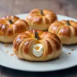 Golden, pumpkin-shaped crescent pastries filled with creamy pumpkin and cream cheese, each topped with a pretzel stem on a parchment-lined tray, Crescent Pumpkins With Cream Cheese.
