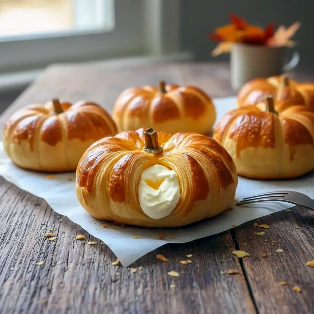 Golden, pumpkin-shaped crescent pastries filled with creamy pumpkin and cream cheese, each topped with a pretzel stem on a parchment-lined tray, Crescent Pumpkins With Cream Cheese.