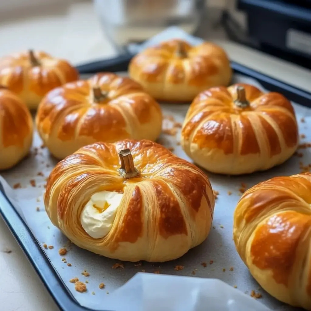 Golden, pumpkin-shaped crescent pastries filled with creamy pumpkin and cream cheese, each topped with a pretzel stem on a parchment-lined tray, Crescent Pumpkins With Cream Cheese.