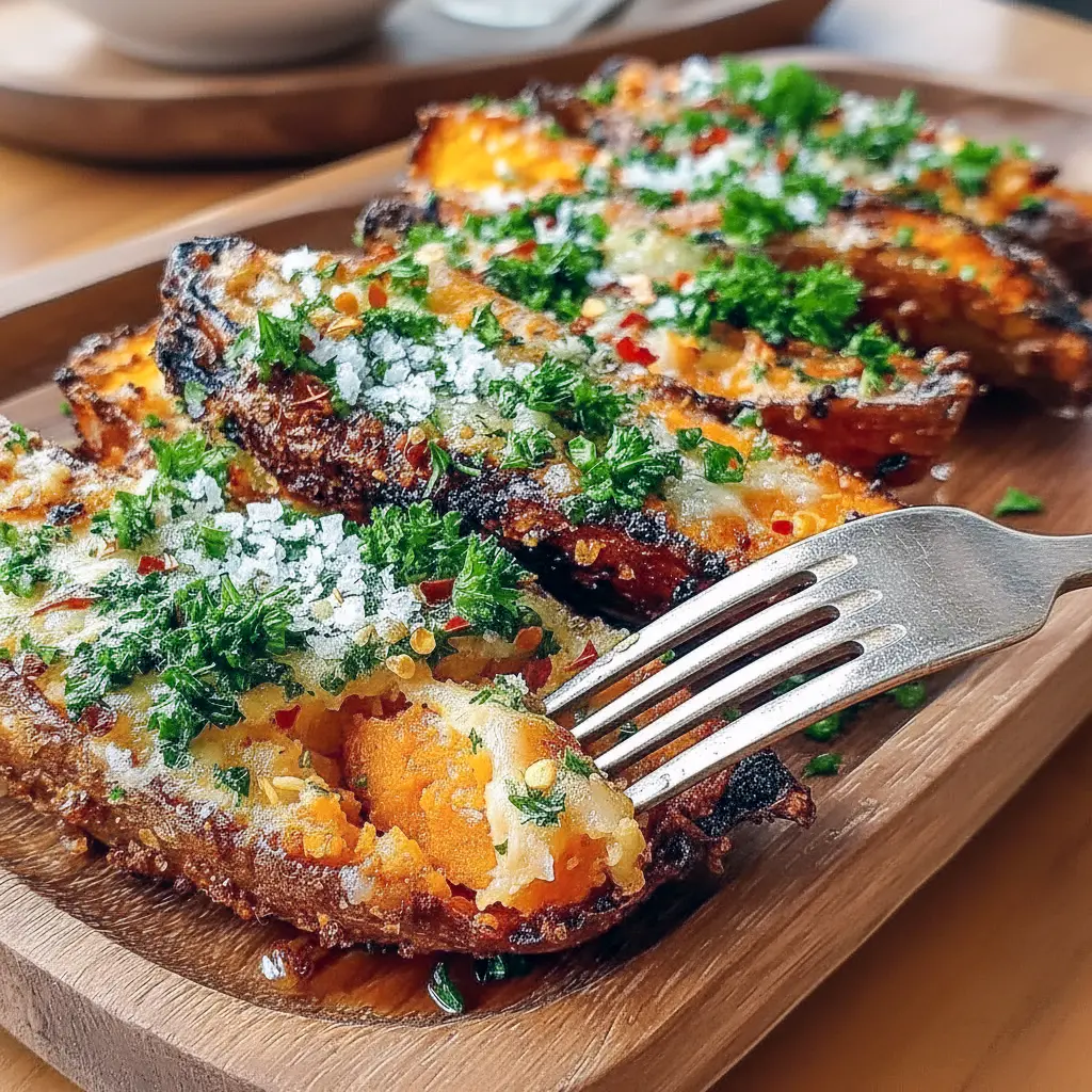 Close-up of golden garlic-Parmesan sweet potato wedges on parchment, a tasty idea for Recipes With Yams, inspired Filled Potato Recipes, pairing Sweet Potatoes And Carrots, or threaded onto Sweet Potato Skewers — clever Ways To Eat Sweet Potatoes, What Goes Good With Sweet Potatoes.