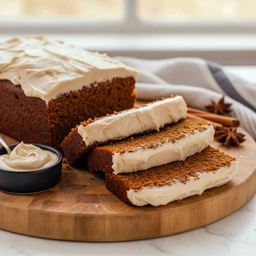 Slice of moist ginger loaf with brown-butter cream cheese frosting on a wooden board, dusted with cinnamon and styled with a small rosemary sprig.