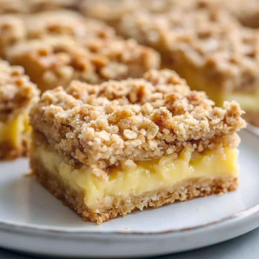 A stack of Lemon Oatmeal Crumble Bars on parchment showing the golden oat crust, glossy lemon center, and oat crumble — the ultimate Easy Lemon Dessert With Crumb, like Lemon Oatmeal Cookie Bars or Easy Oatmeal Lemon Creme Bars. These Lemon Oatmeal Bars / Lemon Oat Bars are made by following How To Make Oatmeal Lemon Bars steps to create classic Oatmeal Lemon Crumble Bars from a trusted Oatmeal Lemon Bars Recipe.
