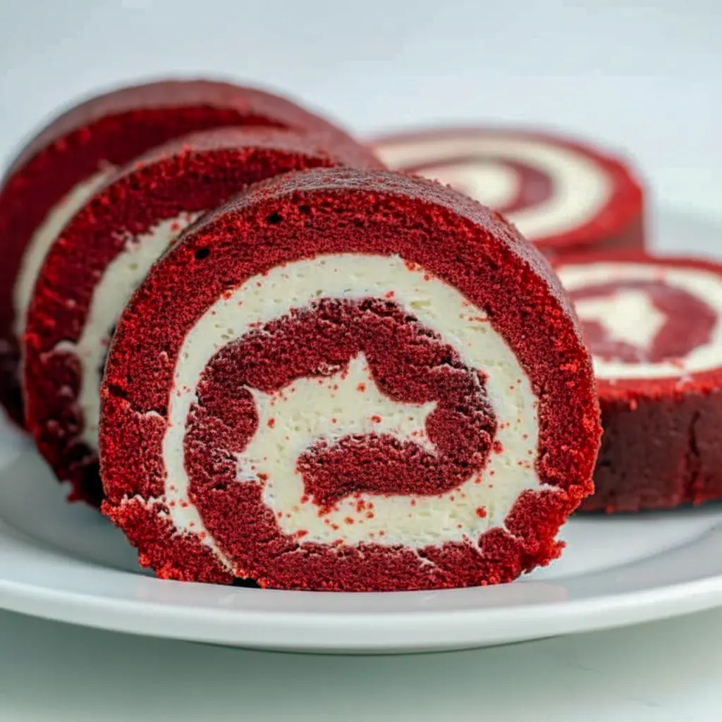 Close-up spiral slice of Red Velvet Rolls showing creamy swirl — decadent Red Velvet Roll slice with glossy red crumb, recipe: Red Velvet Roll Cake Recipe, Moist Red Velvet Cake Roll.