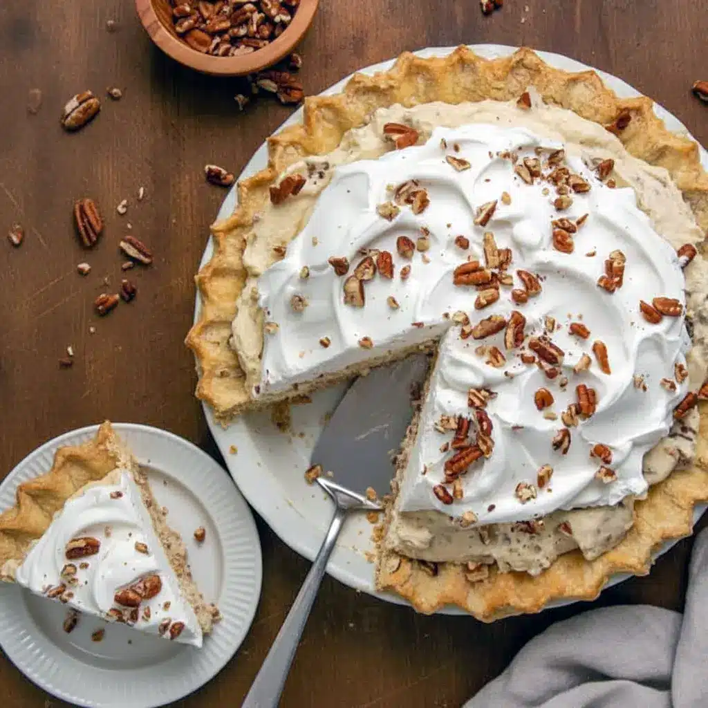 Close-up of a slice topped with whipped cream and toasted pecans: Creamy Pecan Pie Recipe on a flaky crust, shot from the side to show layers — the ultimate Pecan Cream Pie Recipe for festive gatherings.