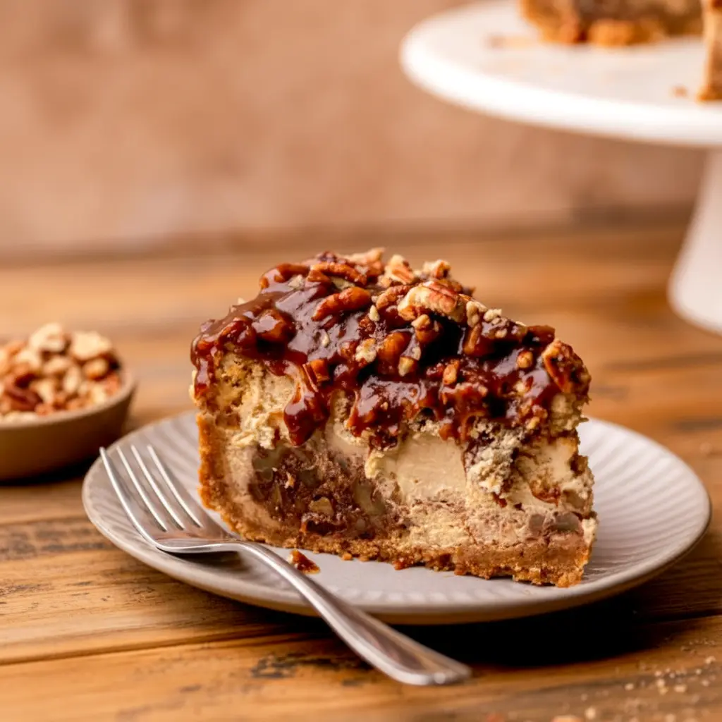 A slice of pecan pie cheesecake on a white plate — graham cracker crust, swirled pecan filling, and glossy pecan topping.