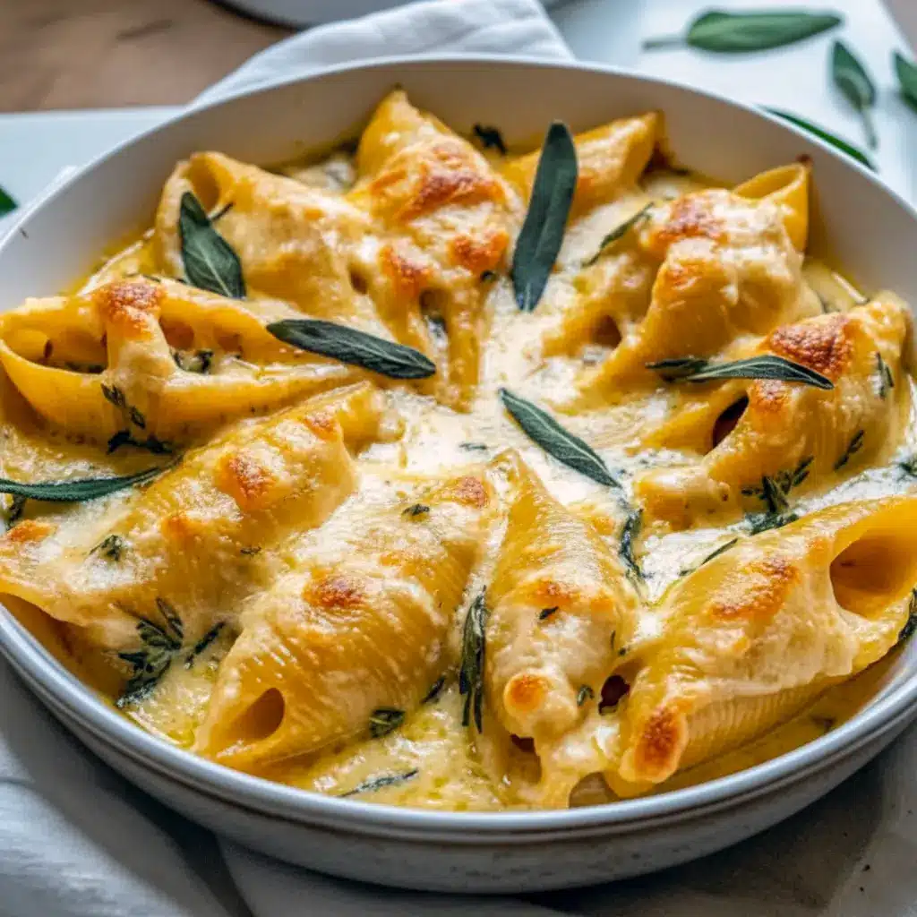 Close-up of golden stuffed shells with brown-butter sage sauce, perfect for Crockpot Recipes, Pasta Dishes.