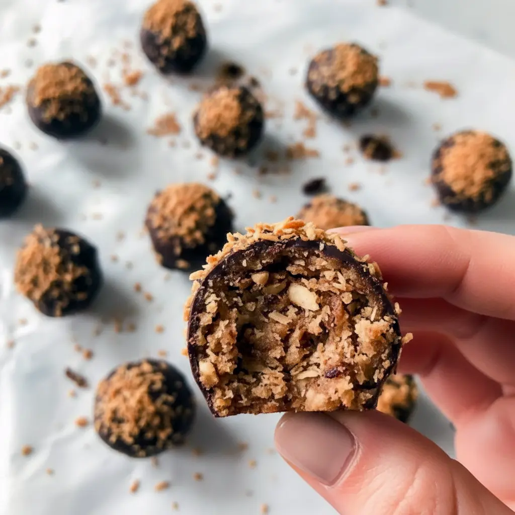 Close-up of chocolate-coated Samoa Balls sprinkled with toasted coconut — a wholesome, no-bake treat that’s part of the Healthy Girl Kitchen, perfect for Holiday Treats Healthy lovers and fans of Date Samoas or Samoa Bites.