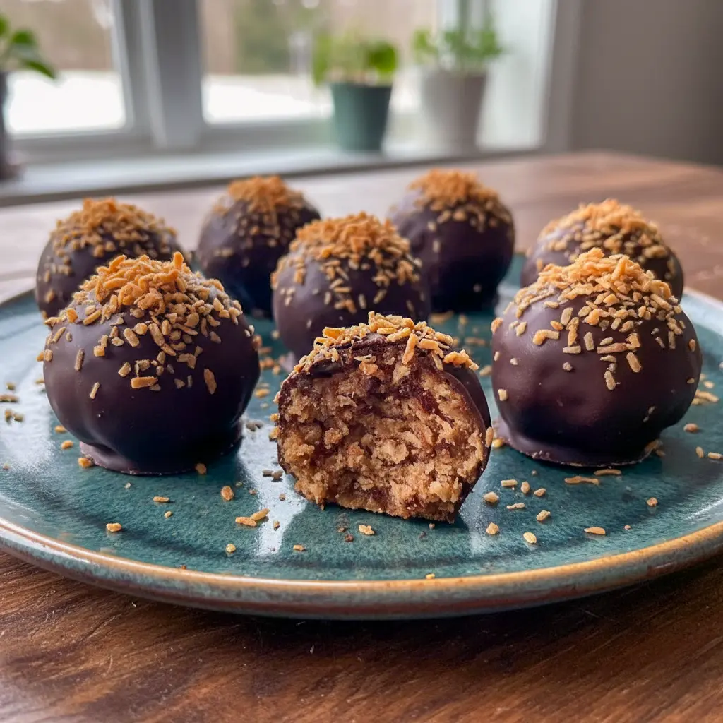 Close-up of chocolate-coated Samoa Balls sprinkled with toasted coconut — a wholesome, no-bake treat that’s part of the Healthy Girl Kitchen, perfect for Holiday Treats Healthy lovers and fans of Date Samoas or Samoa Bites.